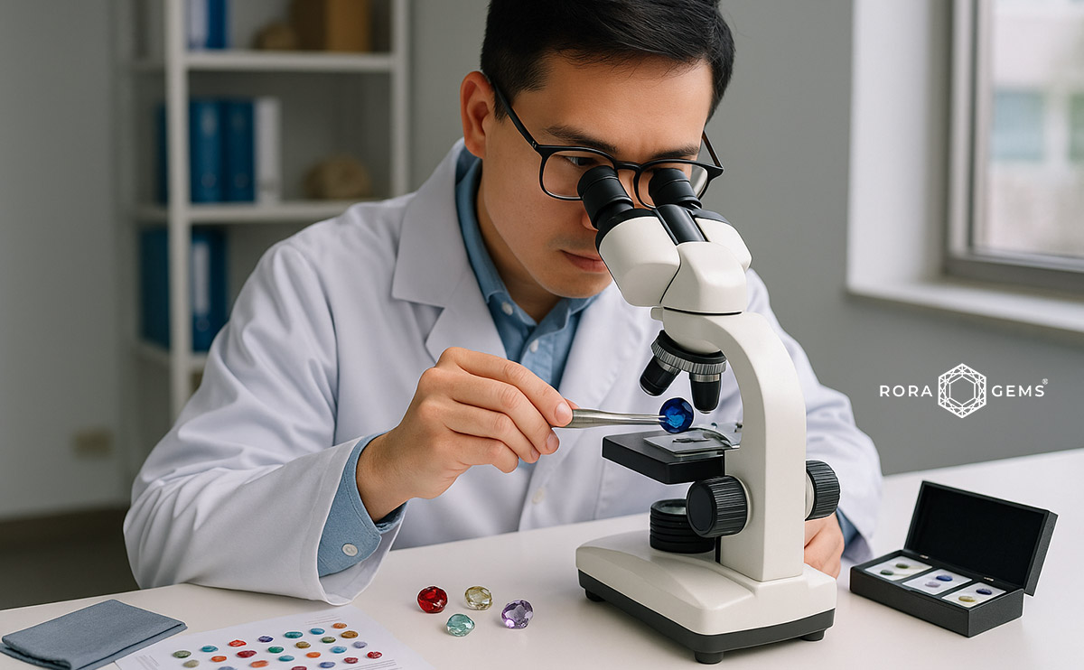 Student examining gemstones under microscope in gemology lab